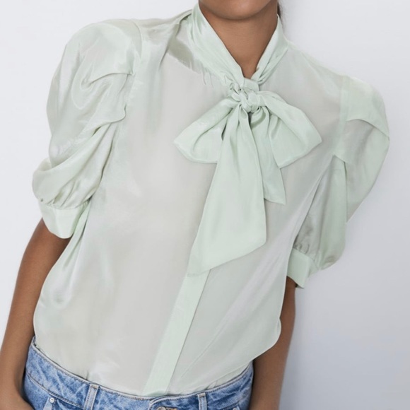 Zara Sea Green Pussybow Satin Blouse - Picture 3 of 7
